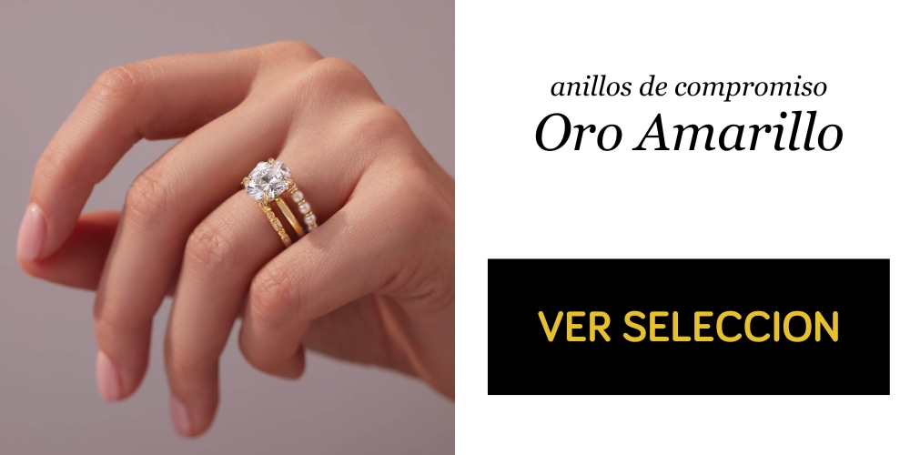 imagen de anillos de compromiso de oro amarillo y botón con enlace para ver anillos de pedida dorados